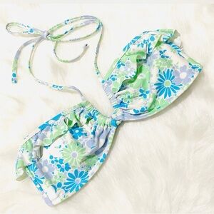Aerie blue and green floral ruffle bikini top Size M #summer #swimwear